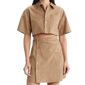 Moon River Linen Blend Mini Shirt Dress L‎ Tan Ruched Cutout Waist Safari Style